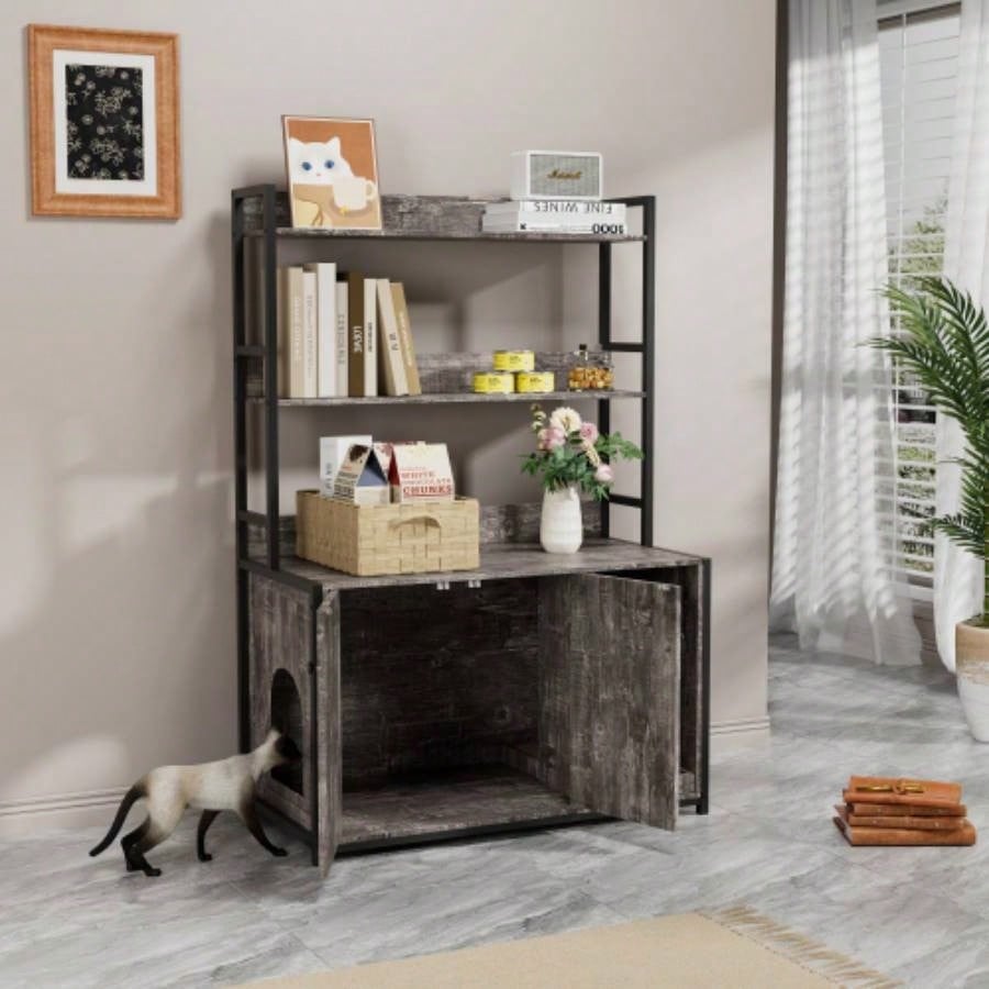 Large Litter Box Enclosure With Shelf Storage, Hidden Washroom Furniture, Wooden House With Scratch Pad, Sturdy Indoor Cabinet With 2 Doors