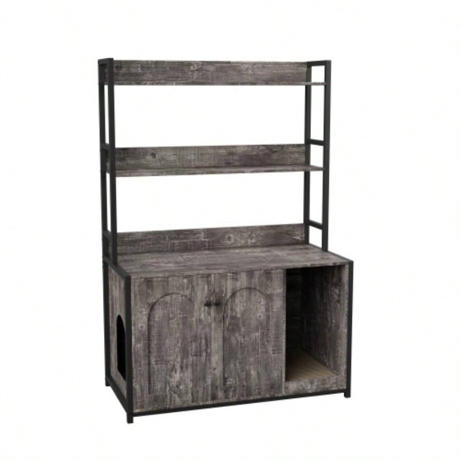 Large Litter Box Enclosure With Shelf Storage, Hidden Washroom Furniture, Wooden House With Scratch Pad, Sturdy Indoor Cabinet With 2 Doors
