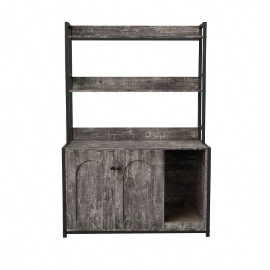 Large Litter Box Enclosure With Shelf Storage, Hidden Washroom Furniture, Wooden House With Scratch Pad, Sturdy Indoor Cabinet With 2 Doors