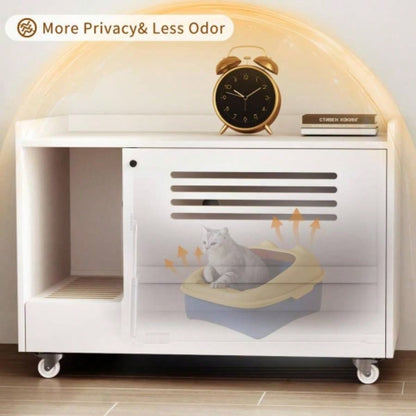 White Litter Box Enclosure, Hidden Litter Box Furniture with top side fence, Wooden Pet House Side End Table, Storage Cabinet Living Room, Bedroom, Fit Most of Litter Box