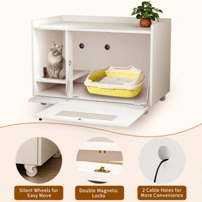 White Litter Box Enclosure, Hidden Litter Box Furniture with top side fence, Wooden Pet House Side End Table, Storage Cabinet Living Room, Bedroom, Fit Most of Litter Box