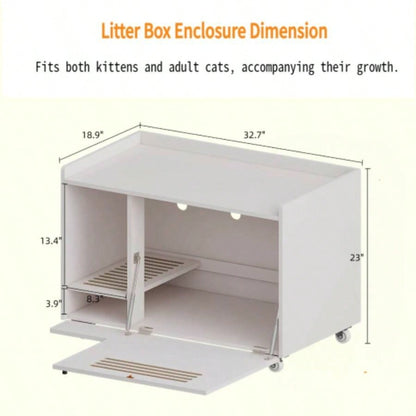 White Litter Box Enclosure, Hidden Litter Box Furniture with top side fence, Wooden Pet House Side End Table, Storage Cabinet Living Room, Bedroom, Fit Most of Litter Box