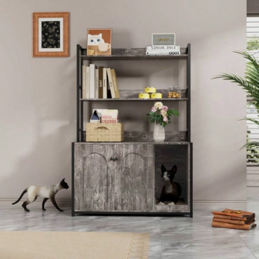 Large Litter Box Enclosure With Shelf Storage, Hidden Washroom Furniture, Wooden House With Scratch Pad, Sturdy Indoor Cabinet With 2 Doors
