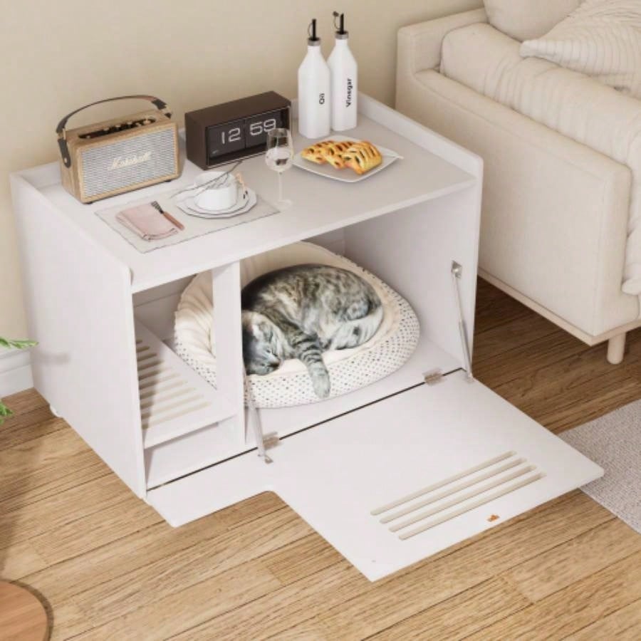 White Litter Box Enclosure, Hidden Litter Box Furniture with top side fence, Wooden Pet House Side End Table, Storage Cabinet Living Room, Bedroom, Fit Most of Litter Box