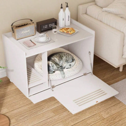 White Litter Box Enclosure, Hidden Litter Box Furniture with top side fence, Wooden Pet House Side End Table, Storage Cabinet Living Room, Bedroom, Fit Most of Litter Box