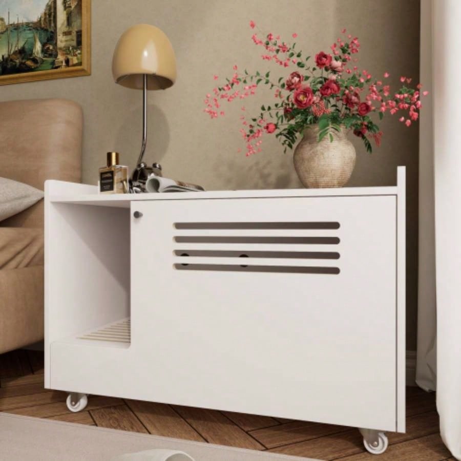 White Litter Box Enclosure, Hidden Litter Box Furniture with top side fence, Wooden Pet House Side End Table, Storage Cabinet Living Room, Bedroom, Fit Most of Litter Box