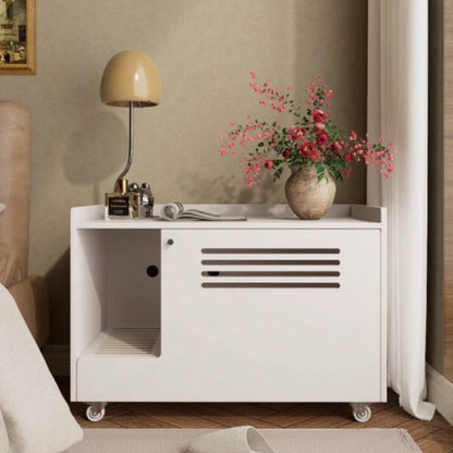 White Litter Box Enclosure, Hidden Litter Box Furniture with top side fence, Wooden Pet House Side End Table, Storage Cabinet Living Room, Bedroom, Fit Most of Litter Box