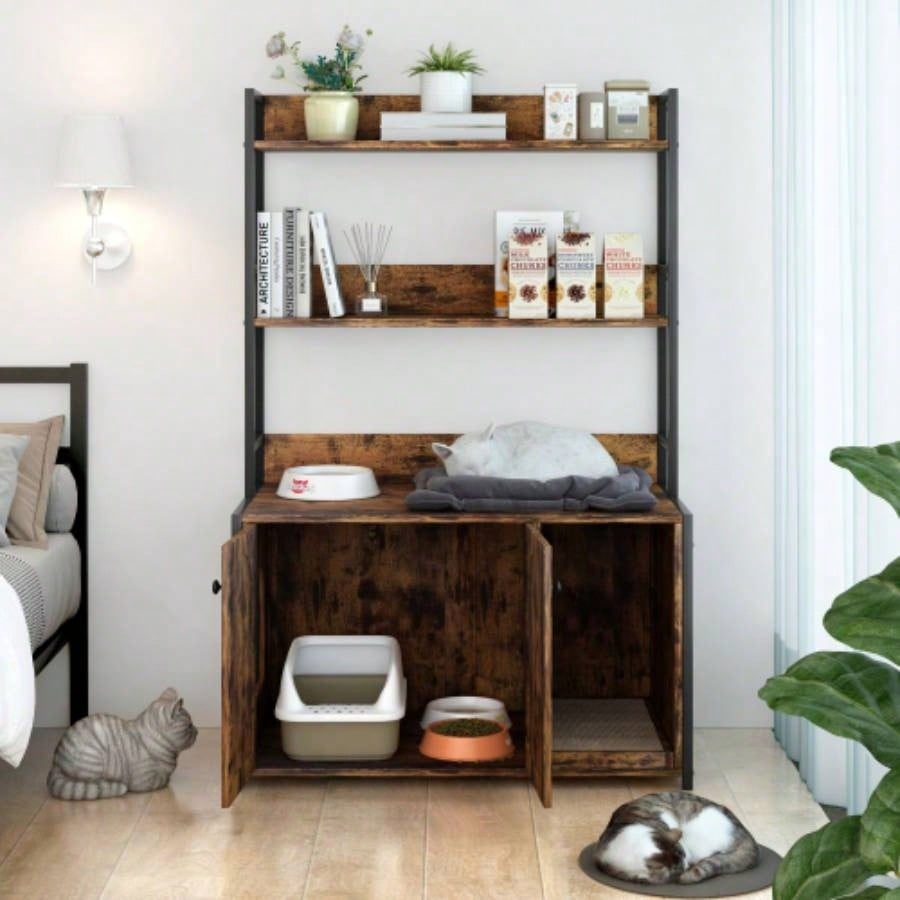 Large Litter Box Enclosure With Shelf Storage, Hidden Washroom Furniture, Wooden House With Scratch Pad, Sturdy Indoor Cabinet With 2 Doors
