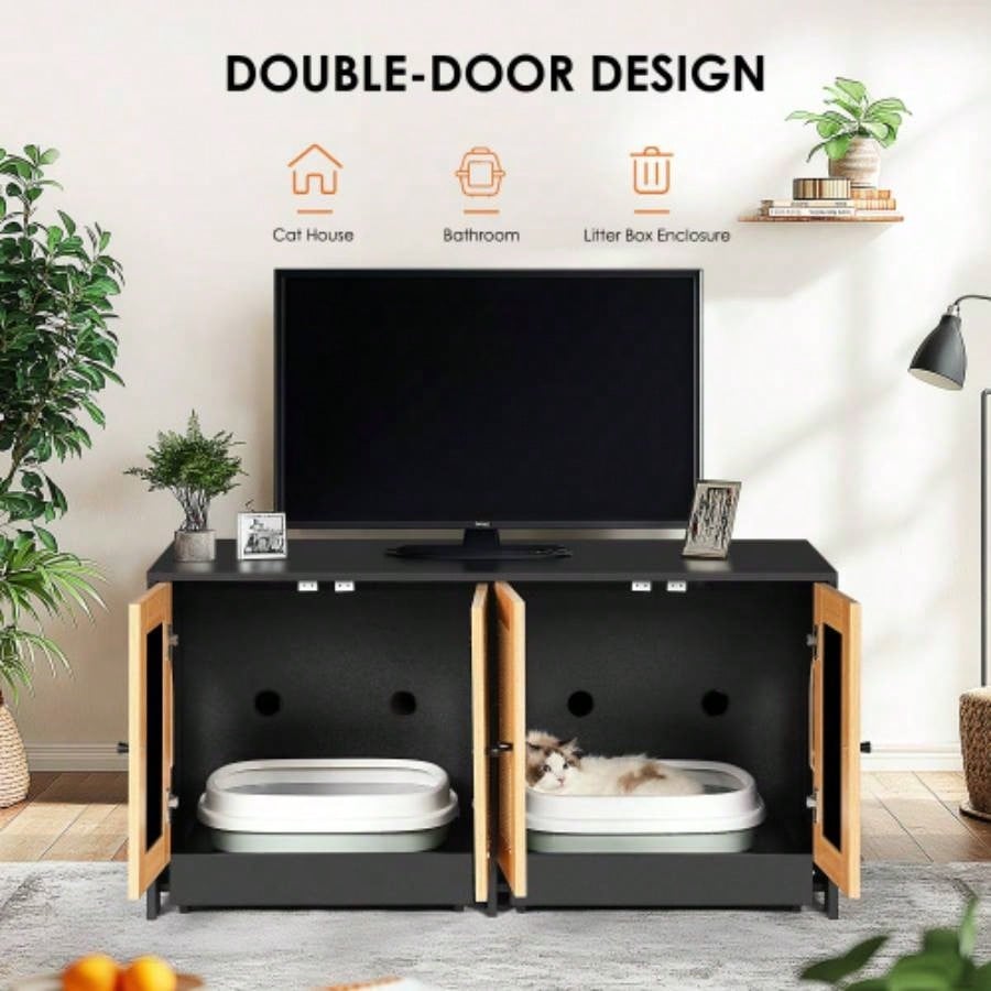 Double Litter Box Enclosure, Litter Box Enclosure 2 Cats, Hidden Litter Box Furniture with Rattan Doors, 47 Lx 19.8x 21.8 H, Black