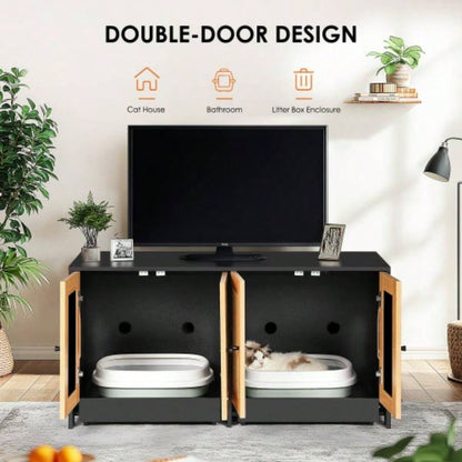 Double Litter Box Enclosure, Litter Box Enclosure 2 Cats, Hidden Litter Box Furniture with Rattan Doors, 47 Lx 19.8x 21.8 H, Black