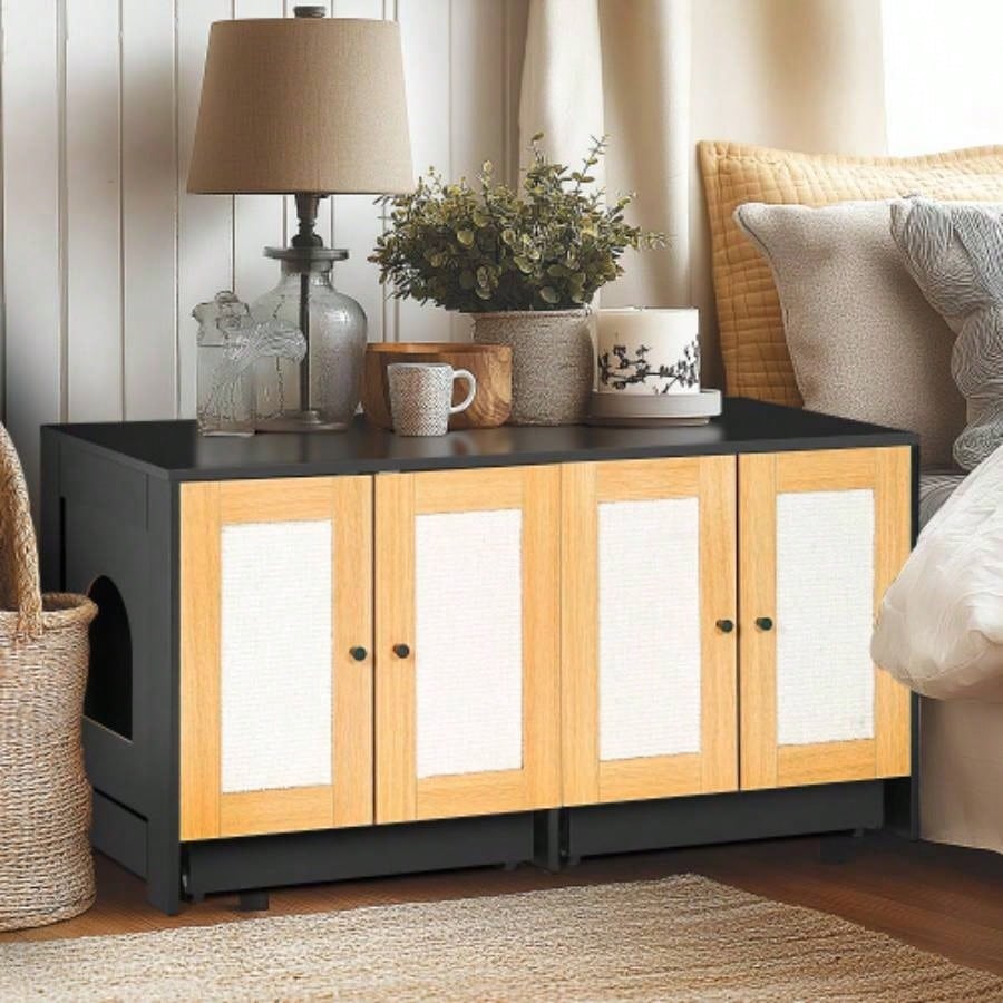 Double Litter Box Enclosure, Litter Box Enclosure 2 Cats, Hidden Litter Box Furniture with Rattan Doors, 47 Lx 19.8x 21.8 H, Black