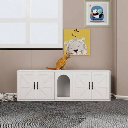 Litter Box Enclosure 2 Cats, Modern Litter Box Furniture with Double Room, Wooden Litter Box Furniture with Door, 59.05Lx 17.71x 18.89H - White