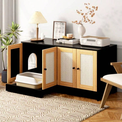 Double Litter Box Enclosure, Litter Box Enclosure 2 Cats, Hidden Litter Box Furniture with Rattan Doors, 47 Lx 19.8x 21.8 H, Black