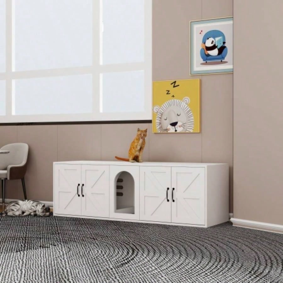 Litter Box Enclosure 2 Cats, Modern Litter Box Furniture with Double Room, Wooden Litter Box Furniture with Door, 59.05Lx 17.71x 18.89H - White