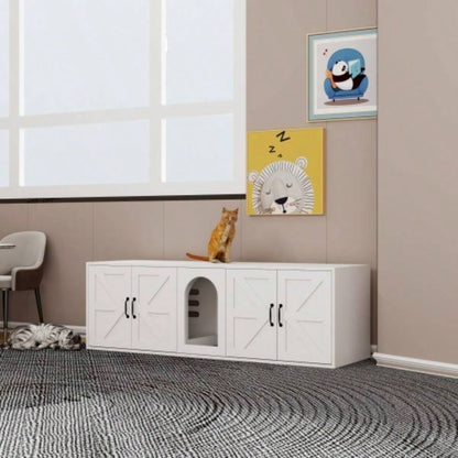 Litter Box Enclosure 2 Cats, Modern Litter Box Furniture with Double Room, Wooden Litter Box Furniture with Door, 59.05Lx 17.71x 18.89H - White