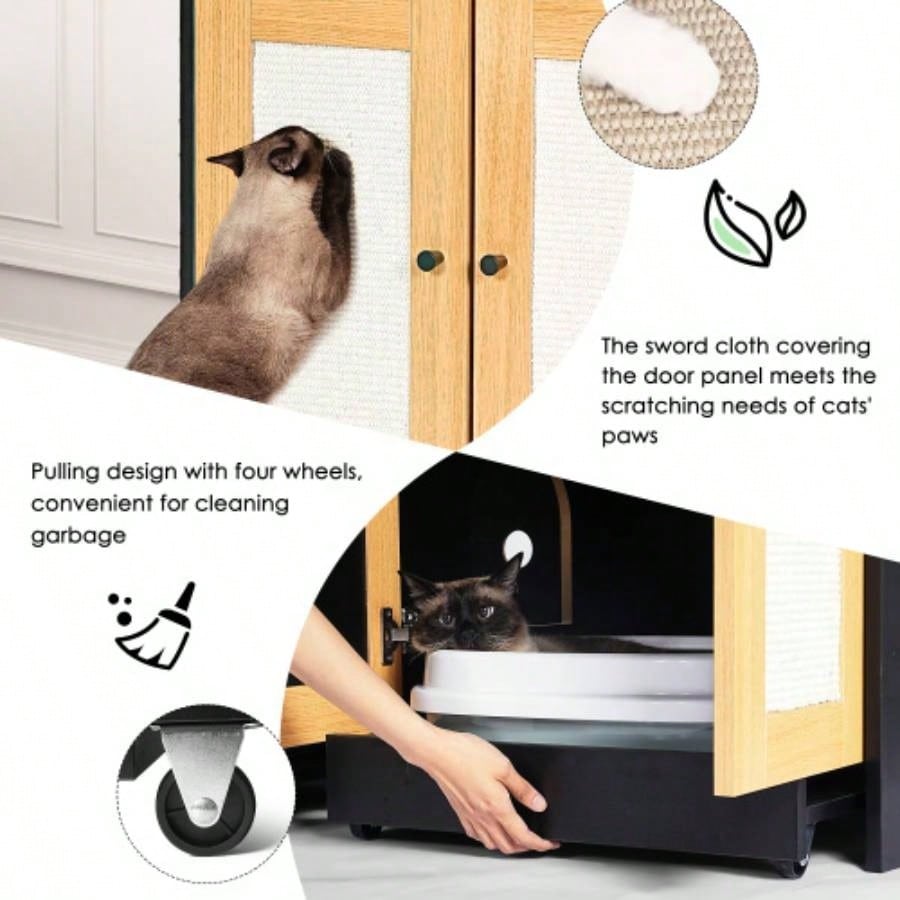 Double Litter Box Enclosure, Litter Box Enclosure 2 Cats, Hidden Litter Box Furniture with Rattan Doors, 47 Lx 19.8x 21.8 H, Black