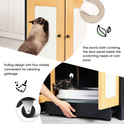 Double Litter Box Enclosure, Litter Box Enclosure 2 Cats, Hidden Litter Box Furniture with Rattan Doors, 47 Lx 19.8x 21.8 H, Black