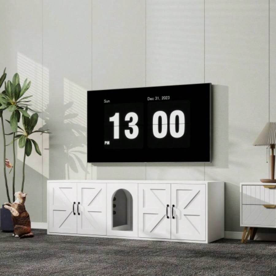 Litter Box Enclosure 2 Cats, Modern Litter Box Furniture with Double Room, Wooden Litter Box Furniture with Door, 59.05Lx 17.71x 18.89H - White