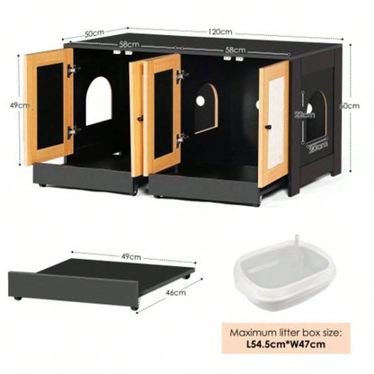 Double Litter Box Enclosure, Litter Box Enclosure 2 Cats, Hidden Litter Box Furniture with Rattan Doors, 47 Lx 19.8x 21.8 H, Black