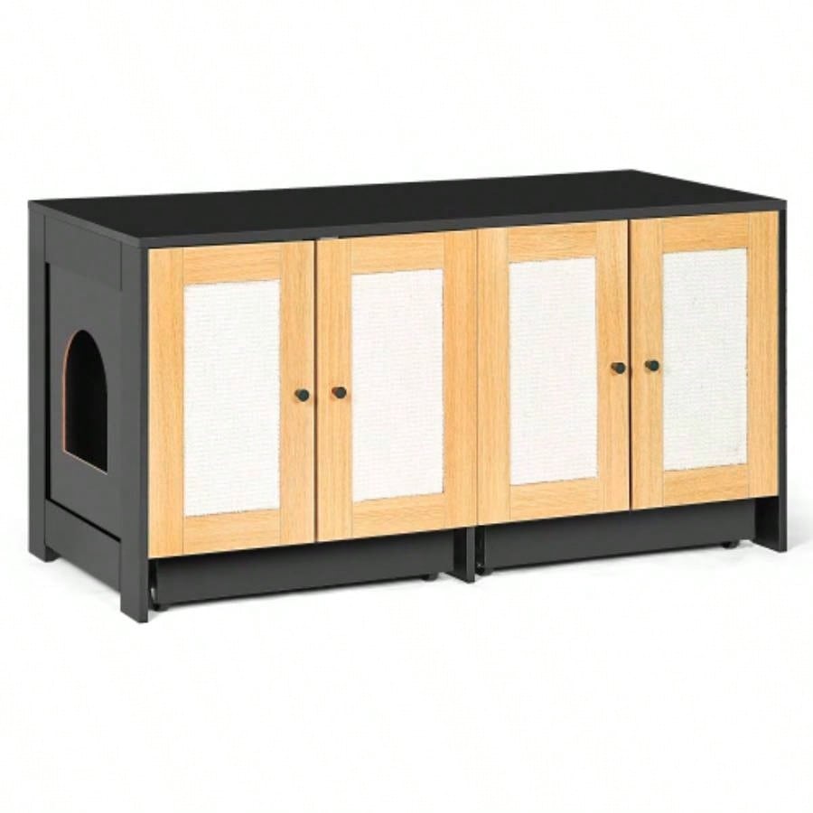 Double Litter Box Enclosure, Litter Box Enclosure 2 Cats, Hidden Litter Box Furniture with Rattan Doors, 47 Lx 19.8x 21.8 H, Black