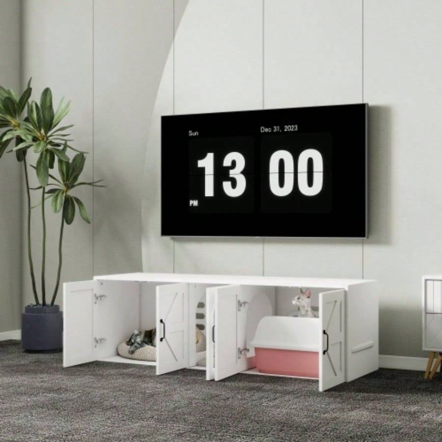 Litter Box Enclosure 2 Cats, Modern Litter Box Furniture with Double Room, Wooden Litter Box Furniture with Door, 59.05Lx 17.71x 18.89H - White