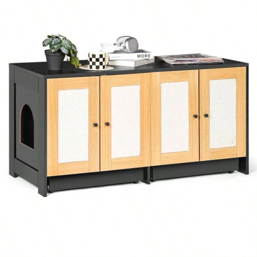 Double Litter Box Enclosure, Litter Box Enclosure 2 Cats, Hidden Litter Box Furniture with Rattan Doors, 47 Lx 19.8x 21.8 H, Black