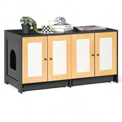 Double Litter Box Enclosure, Litter Box Enclosure 2 Cats, Hidden Litter Box Furniture with Rattan Doors, 47 Lx 19.8x 21.8 H, Black