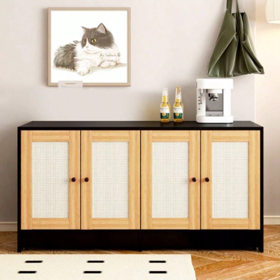 Double Litter Box Enclosure, Litter Box Enclosure 2 Cats, Hidden Litter Box Furniture with Rattan Doors, 47 Lx 19.8x 21.8 H, Black