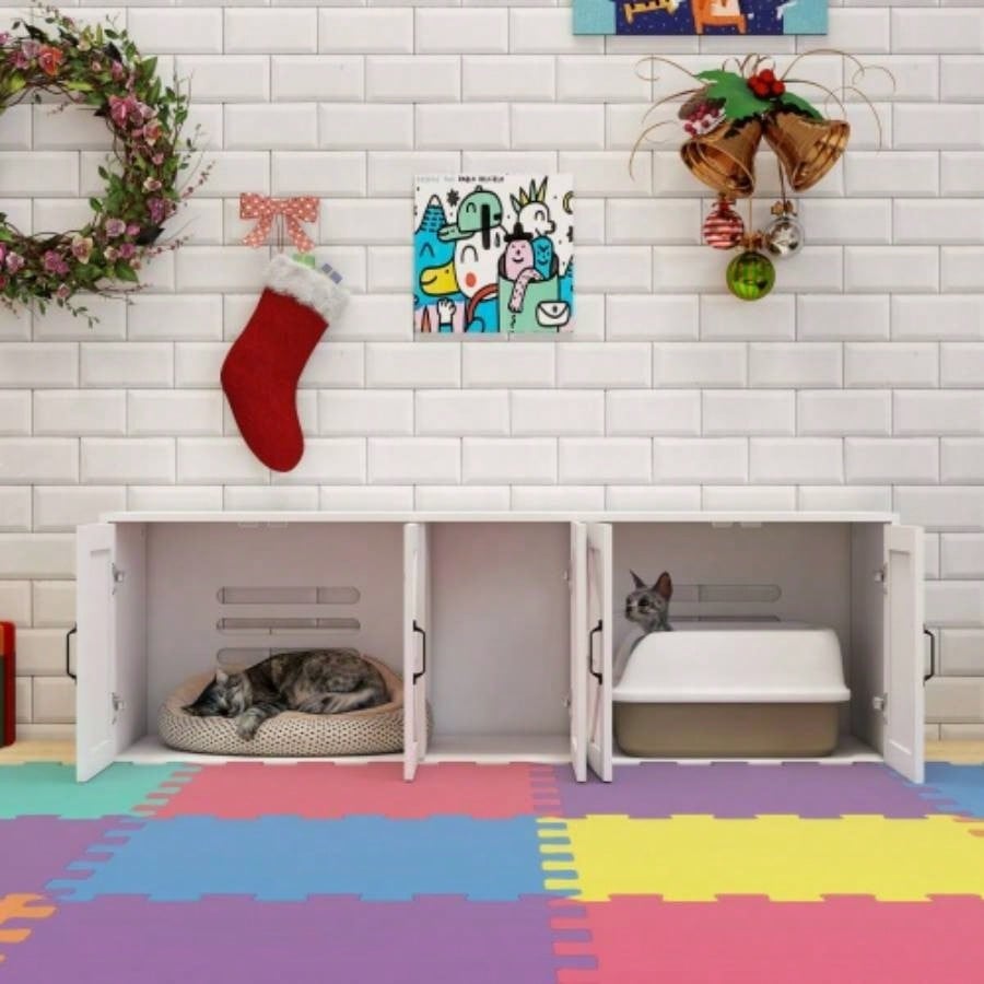 Litter Box Enclosure 2 Cats, Modern Litter Box Furniture with Double Room, Wooden Litter Box Furniture with Door, 59.05Lx 17.71x 18.89H - White