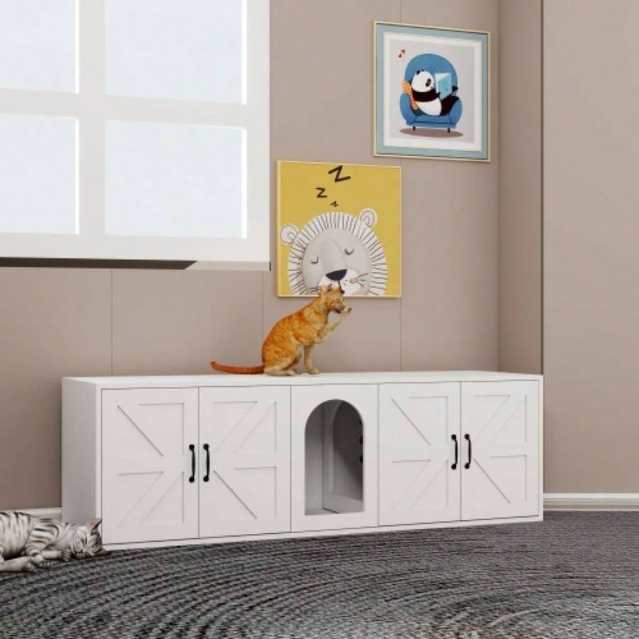 Litter Box Enclosure 2 Cats, Modern Litter Box Furniture with Double Room, Wooden Litter Box Furniture with Door, 59.05Lx 17.71x 18.89H - White