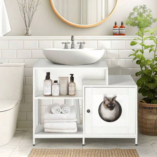 litter box enclosure bathroom, Hidden Litter Pet Washroom with Divider, Indoor House Large Cats, White