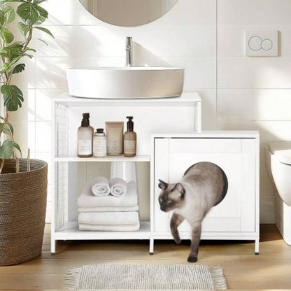litter box enclosure bathroom, Hidden Litter Pet Washroom with Divider, Indoor House Large Cats, White