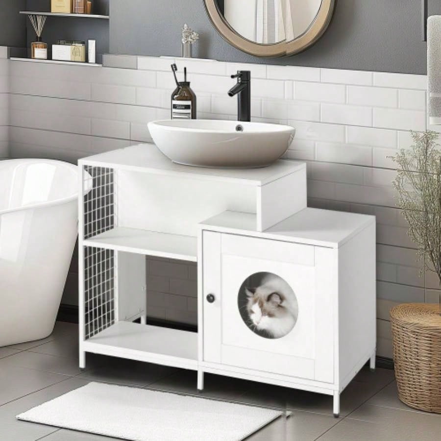 litter box enclosure bathroom, Hidden Litter Pet Washroom with Divider, Indoor House Large Cats, White