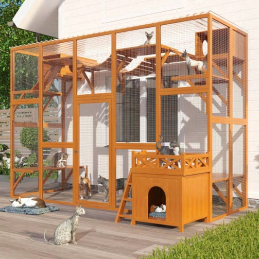 Weatherproof Catio Outdoor Enclosure, Outdoor house, Natural Wood Playground, Natural Shelf with Litter Box