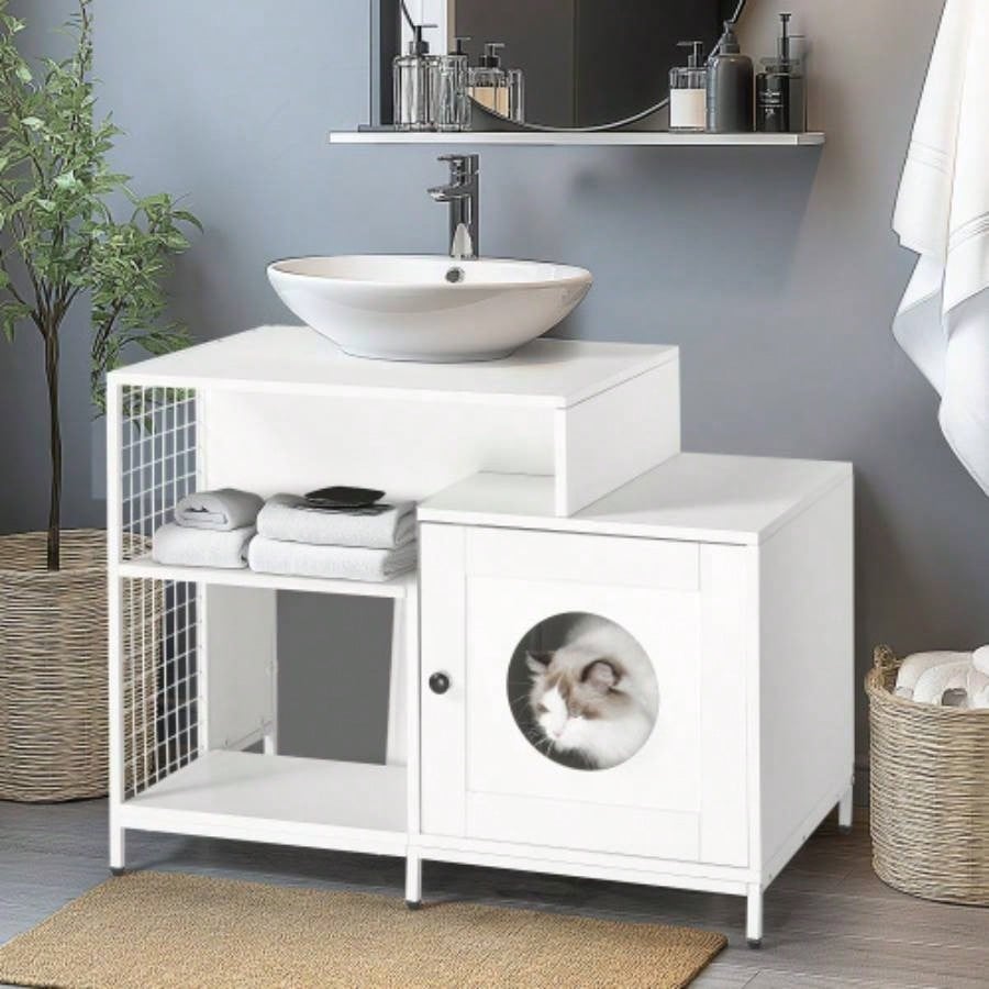 litter box enclosure bathroom, Hidden Litter Pet Washroom with Divider, Indoor House Large Cats, White