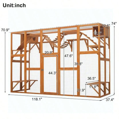 Weatherproof Catio Outdoor Enclosure, Outdoor house, Natural Wood Playground, Natural Shelf with Litter Box