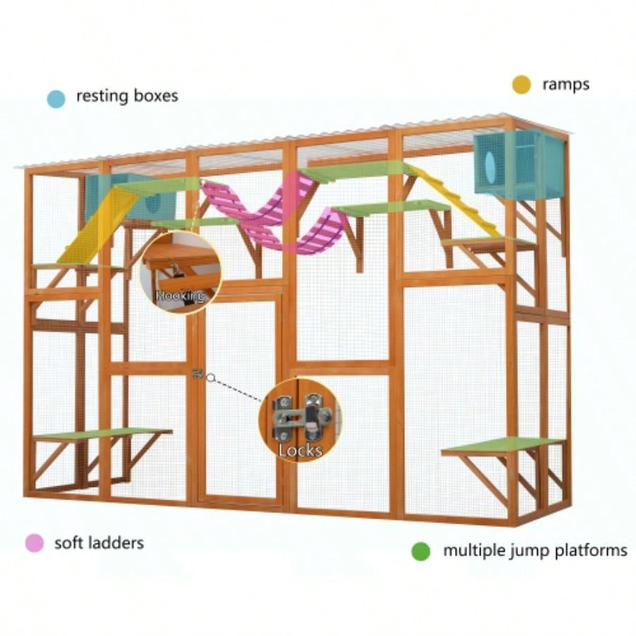 Weatherproof Catio Outdoor Enclosure, Outdoor house, Natural Wood Playground, Natural Shelf with Litter Box