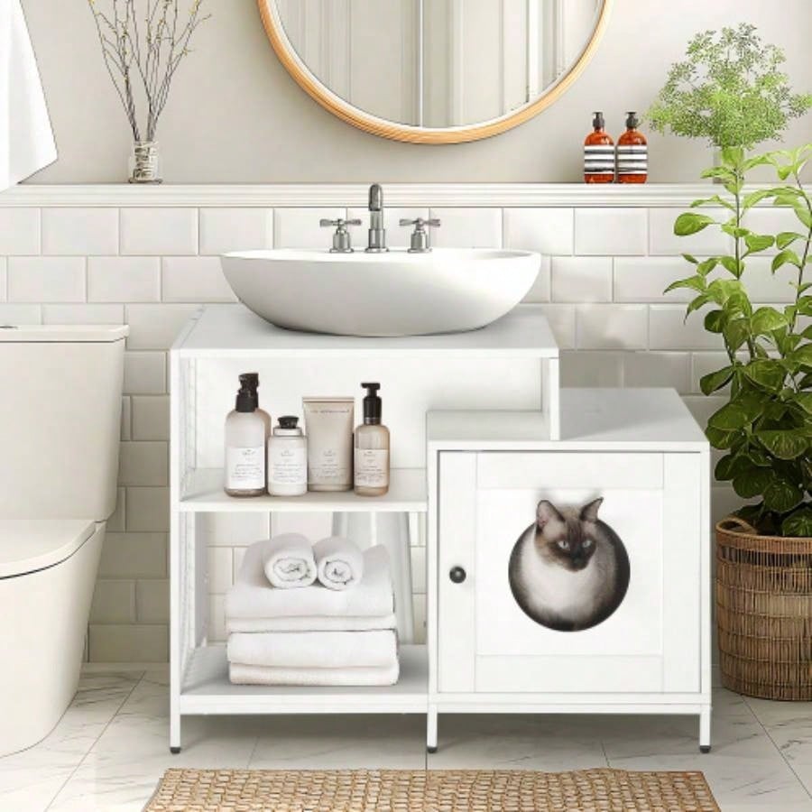 litter box enclosure bathroom, Hidden Litter Pet Washroom with Divider, Indoor House Large Cats, White