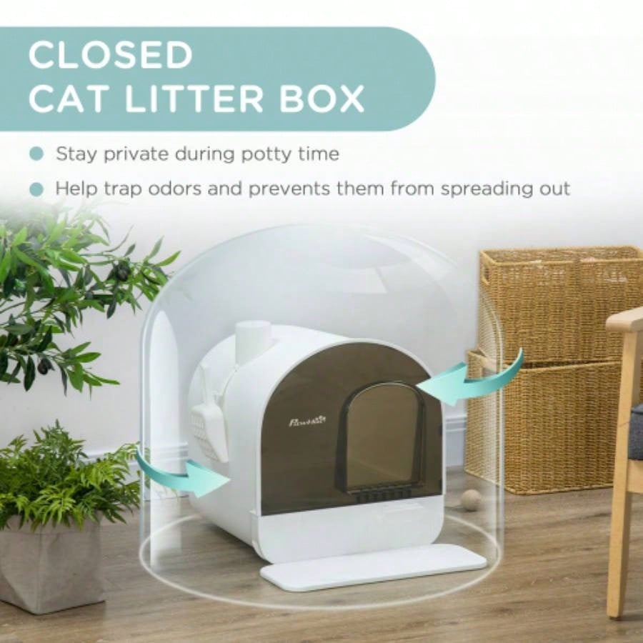 PawHut Litter Box with Lid, Covered Litter Box Indoor Cats with Tray, Scoop, 17x 17x 18.5 White