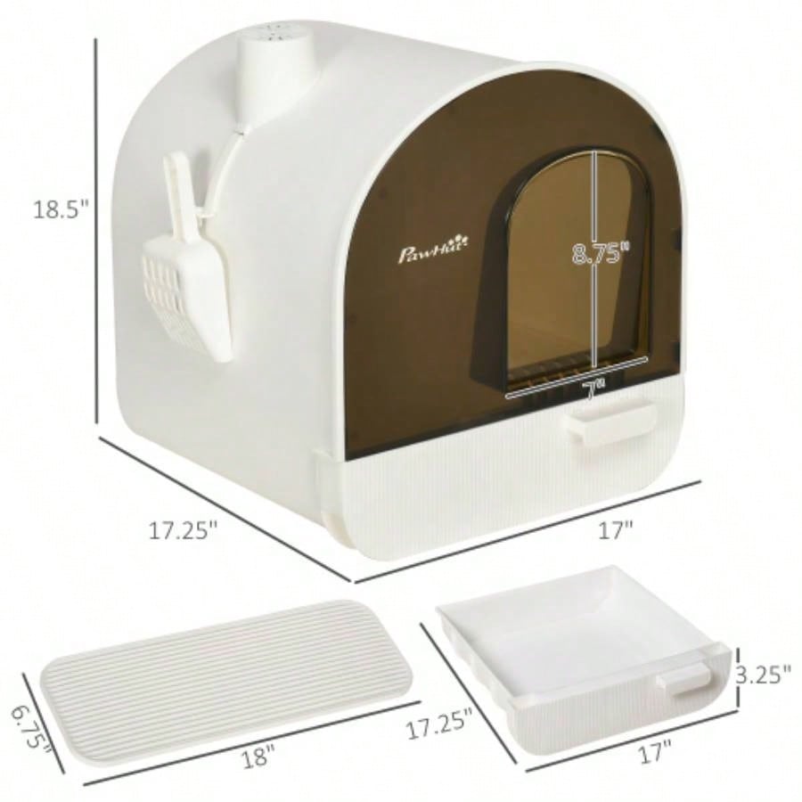 PawHut Litter Box with Lid, Covered Litter Box Indoor Cats with Tray, Scoop, 17x 17x 18.5 White