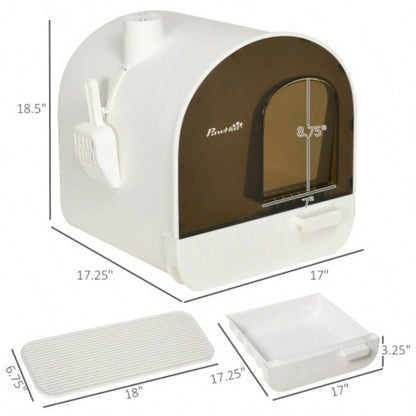 PawHut Litter Box with Lid, Covered Litter Box Indoor Cats with Tray, Scoop, 17x 17x 18.5 White
