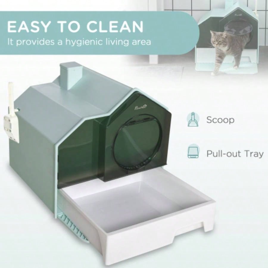 PawHut Hooded Litter Box with Litter, Litter Pan with Odor Control, Easy - Clean Pull - Out Drawer, Handle, Scoop, Light Blue
