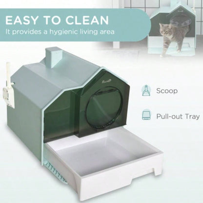 PawHut Hooded Litter Box with Litter, Litter Pan with Odor Control, Easy - Clean Pull - Out Drawer, Handle, Scoop, Light Blue
