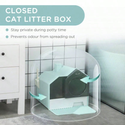 PawHut Hooded Litter Box with Litter, Litter Pan with Odor Control, Easy - Clean Pull - Out Drawer, Handle, Scoop, Light Blue