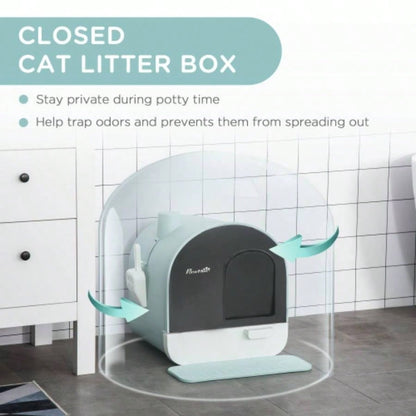 PawHut Litter Box with Lid, Covered Litter Box Indoor Cats with Tray, Scoop, 17x 17x 18.5 Green