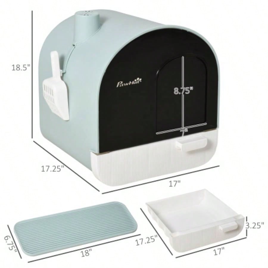 PawHut Litter Box with Lid, Covered Litter Box Indoor Cats with Tray, Scoop, 17x 17x 18.5 Green