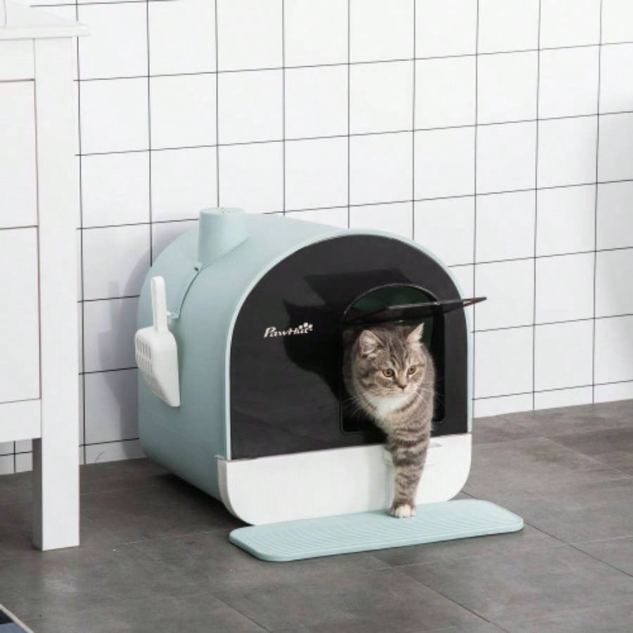 PawHut Litter Box with Lid, Covered Litter Box Indoor Cats with Tray, Scoop, 17x 17x 18.5 Green