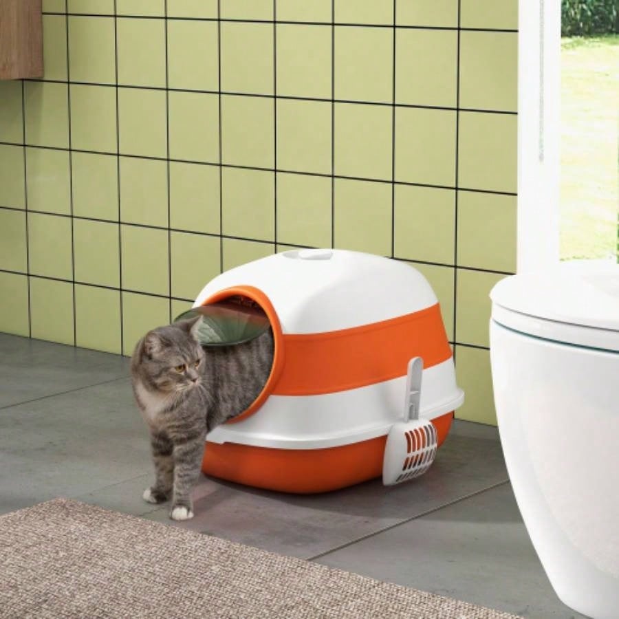PawHut Litter Box with Lid, Covered Litter Box/ High Sides, Freshener, Large Two - Way Entrance Litter Box, Foldable, Easy Clean, Orange, and Black