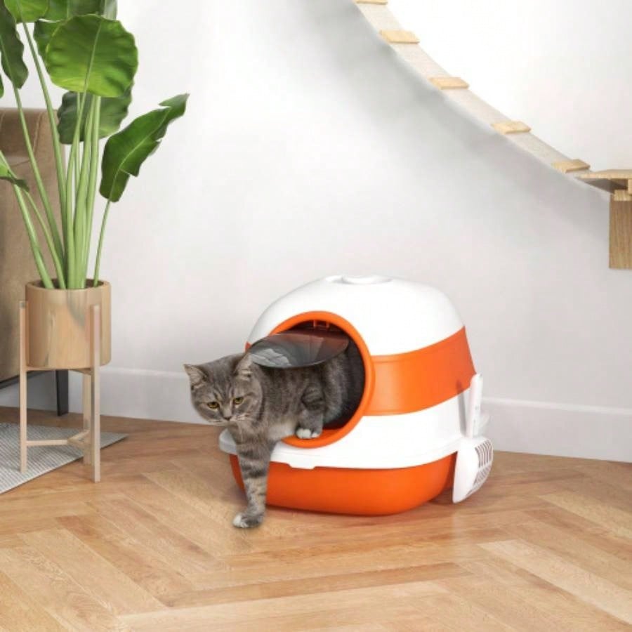 PawHut Litter Box with Lid, Covered Litter Box/ High Sides, Freshener, Large Two - Way Entrance Litter Box, Foldable, Easy Clean, Orange, and Black