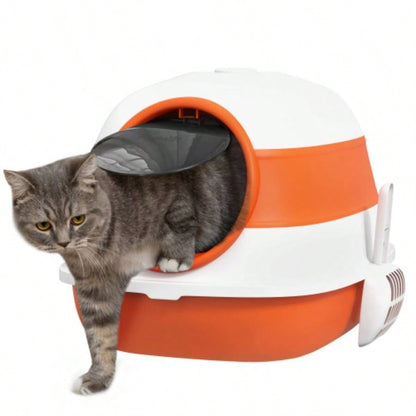 PawHut Litter Box with Lid, Covered Litter Box/ High Sides, Freshener, Large Two - Way Entrance Litter Box, Foldable, Easy Clean, Orange, and Black